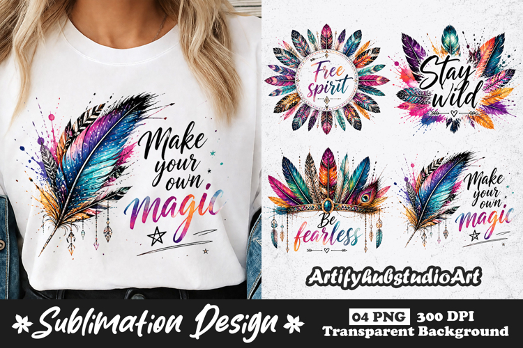 Colorful Feather Boho Inspirational Sublimation PNG example image 1