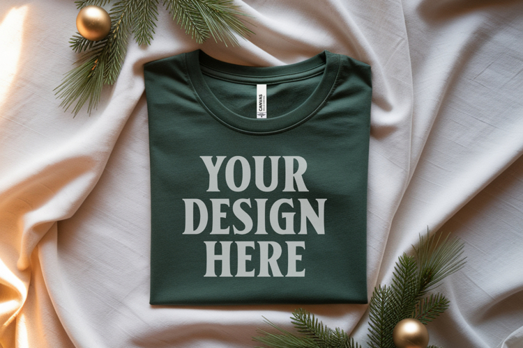 Christmas Bella Canvas 3001 Forest Green Folded Tshirt Mocku