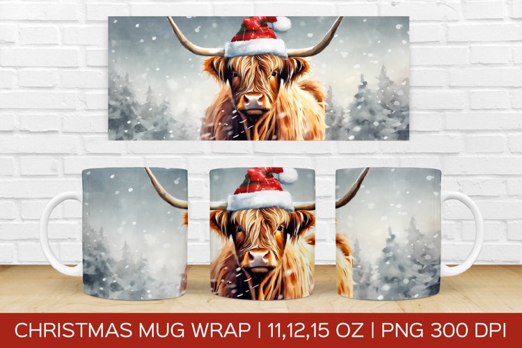 Christmas Highland Cow Mug Wrap|Christmas Sublimation Design example image 1