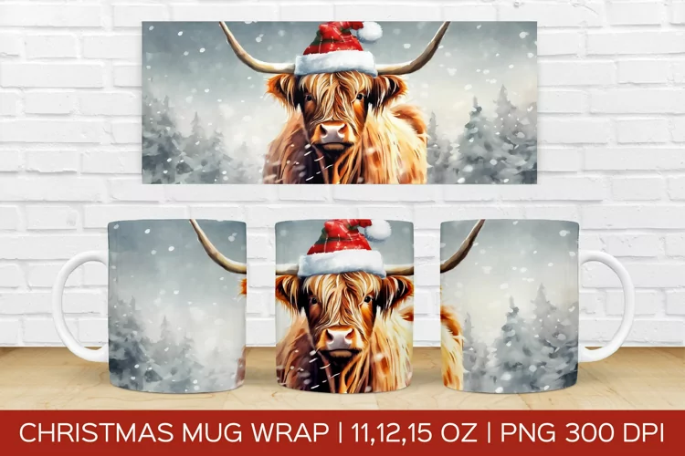 Christmas Highland Cow Mug Wrap|Christmas Sublimation Design