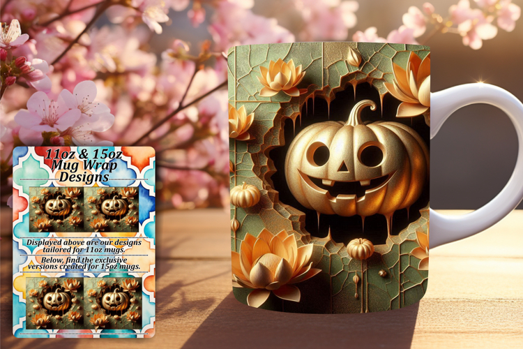 Stylish 15oz Mug Wrap Png Design , 3D Pumpkin