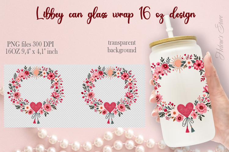 Boho Valentine pattern Libbey Can Glass Wrap 16oz design png