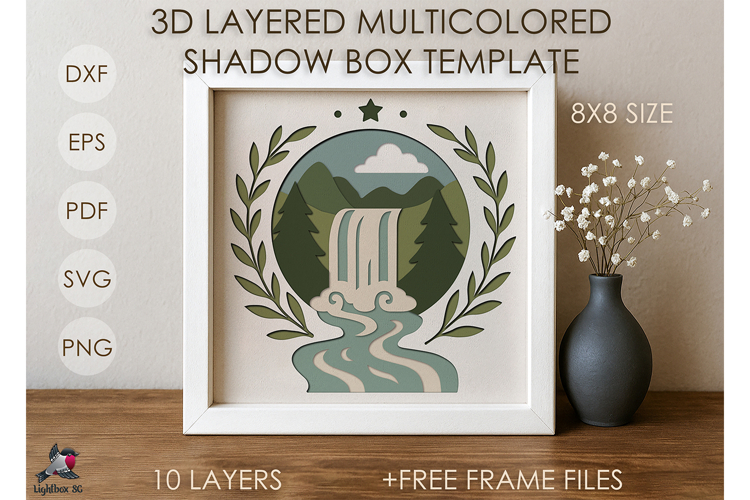 3D Waterfall Nature Scape Shadow box SVG Papercut template