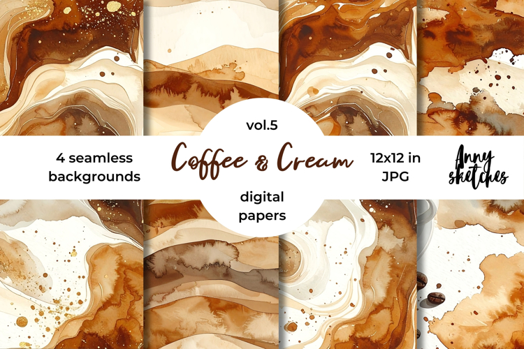 Coffee & Cream Digital Paper Watercolor Seamless Patterns