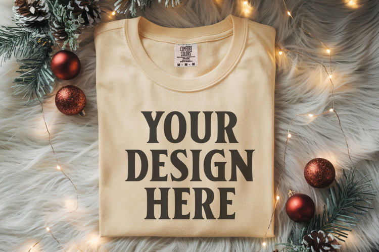 Butter Comfort Colors 1717 Christmas Folded T-Shirt Mockup