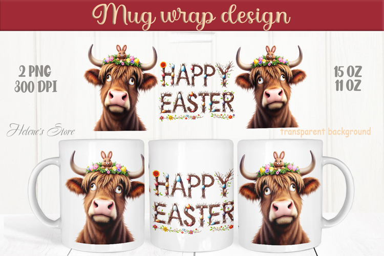 Easter highland cow with bunny mug wrap sublimation design