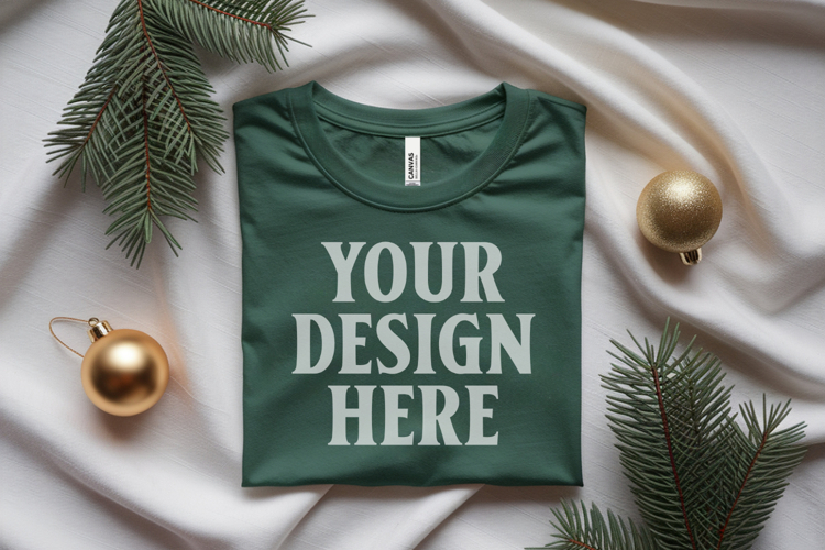 Christmas Bella Canvas 3001 Forest Green Folded Tshirt Mocku