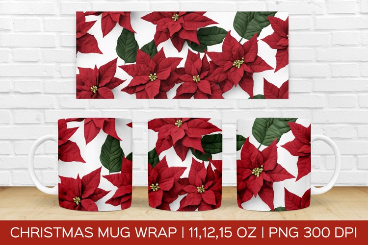 Christmas Poinsettia Mug Wrap|Christmas Sublimation Design