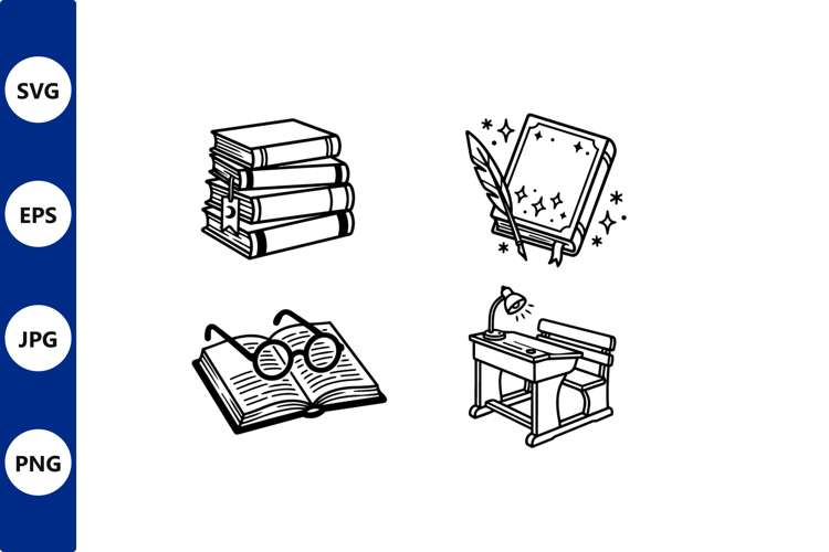 Stack of books and desk with quill and glasses in vector