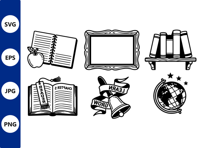 Books notebook and globe with frame and bell