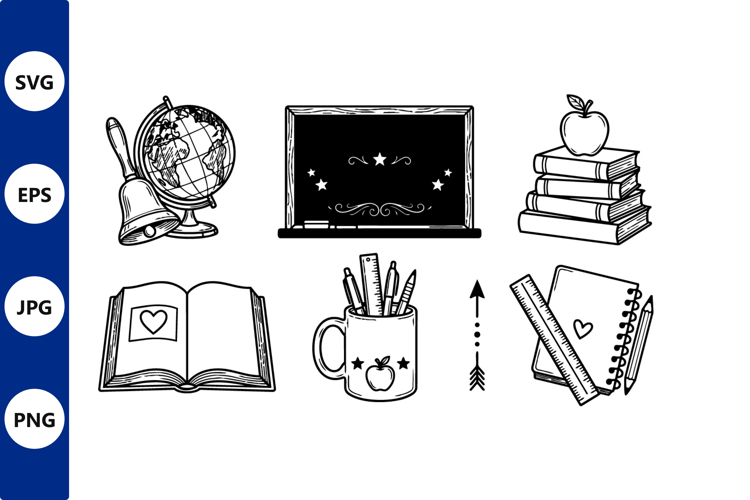Vector art classroom with chalkboard globe and books