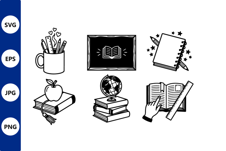 Classroom supplies and learning tools in black and white