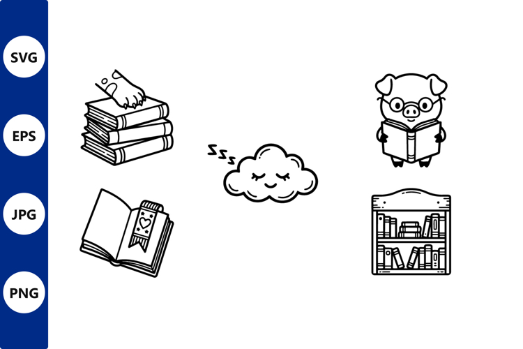 pig reading line art on books and cloud