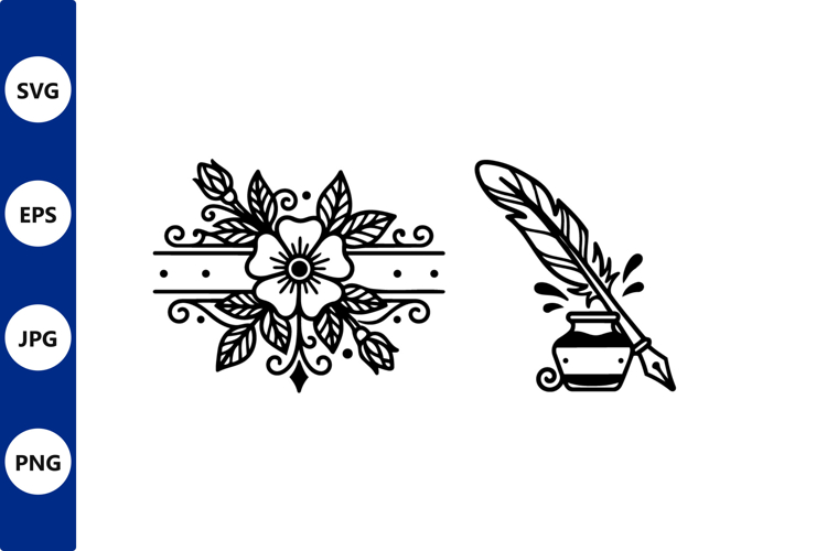 Floral crest with quill and inkpot