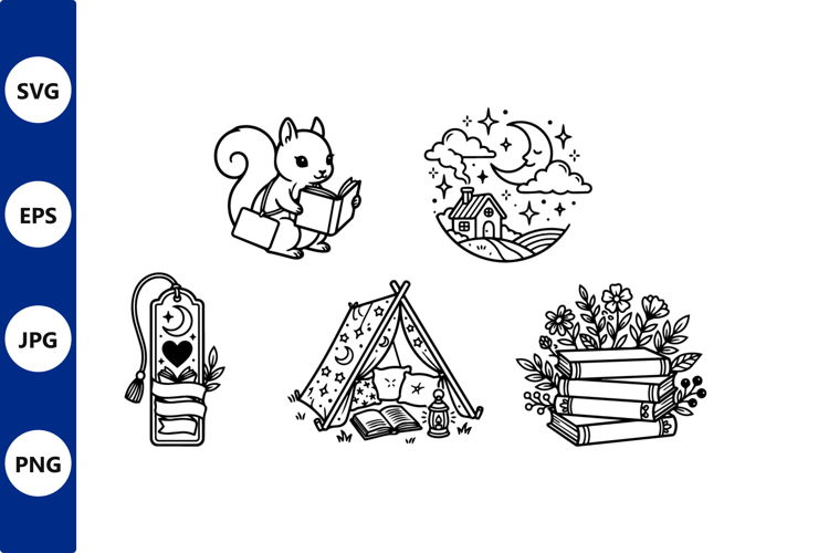 Line Art Squirrel Reading Camping Scene
