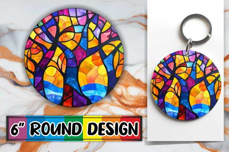 Keychain Colorful Stained Glass Tree Round Design