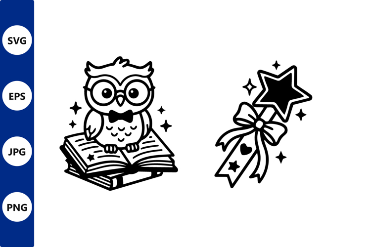Owl and books line art illustration