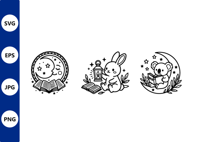 Moon Rabbit and Koala Line Art Trio