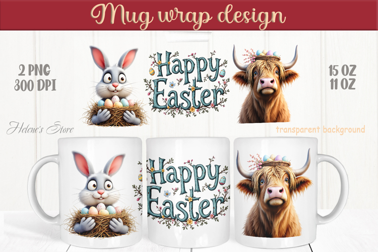 Easter highland cow with bunny mug wrap sublimation design