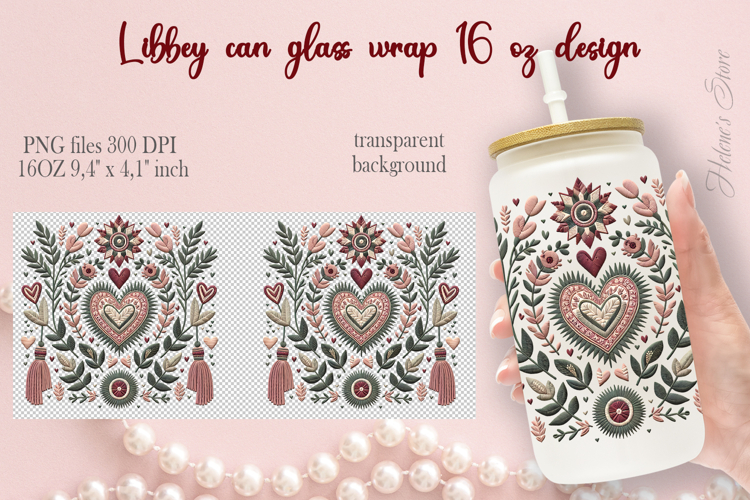Boho Valentine pattern Libbey Can Glass Wrap 16oz design png