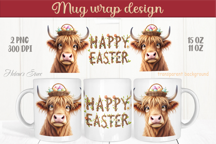 Easter highland cow with bunny mug wrap sublimation design