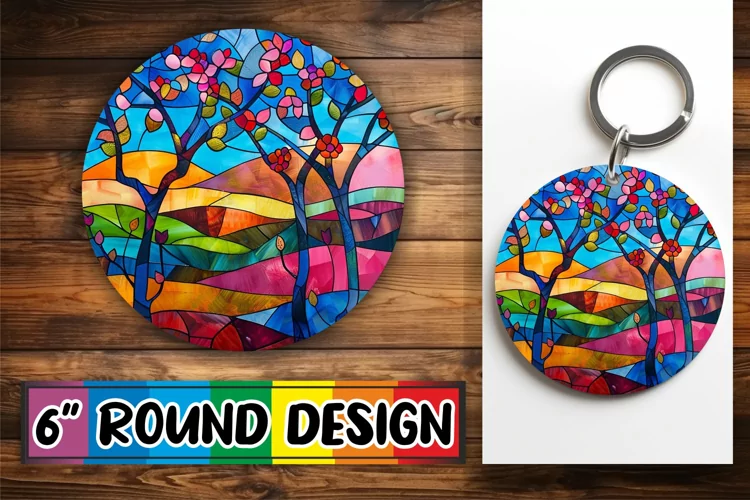 Vibrant Keychain Stained Glass Tree Round Design Art