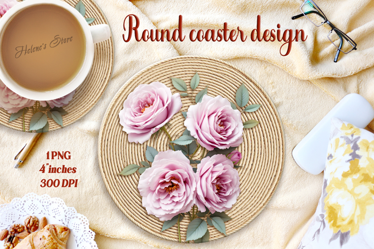 Delicate vintage floral round coaster sublimation design png