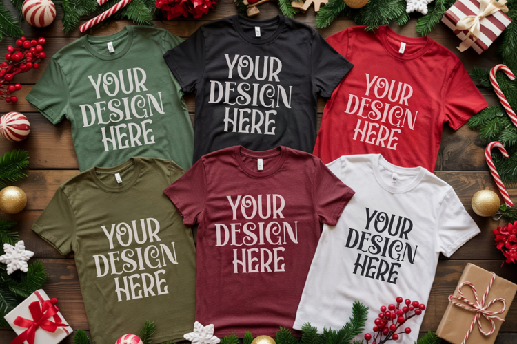 Christmas Family Matching Shirt Mockup | Cozy Boho Flat Lay