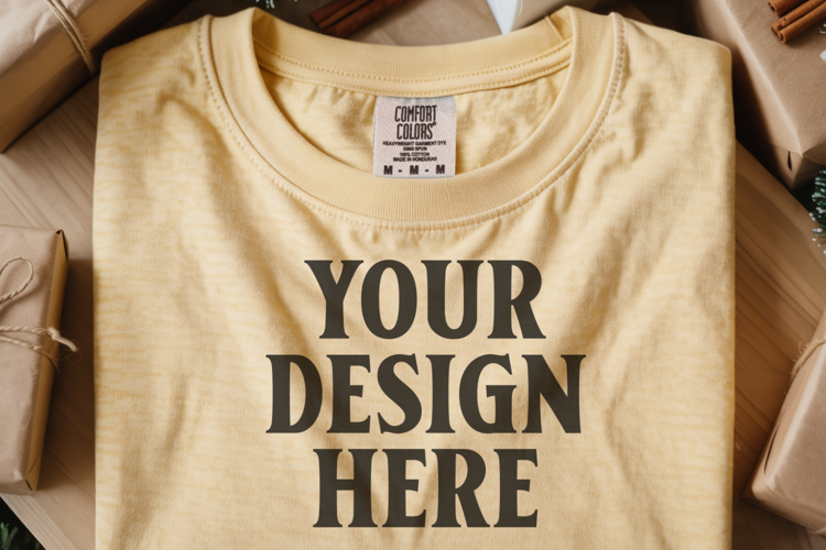 Butter Comfort Colors 1717 Christmas Folded T-Shirt Mockup