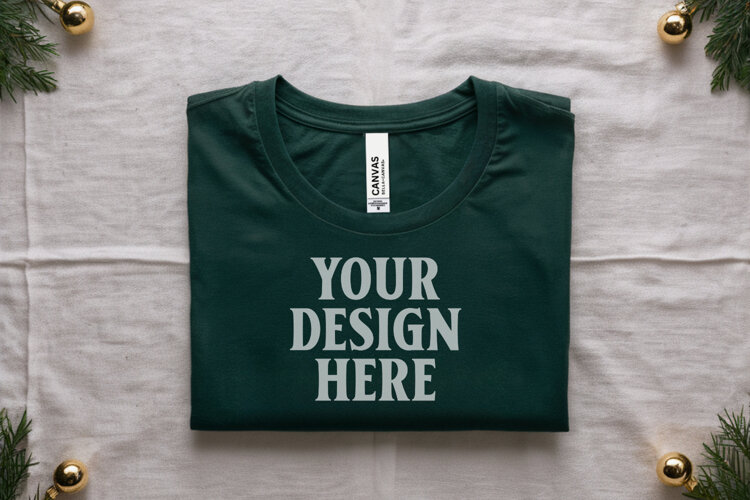 Christmas Bella Canvas 3001 Forest Green Folded Tshirt Mocku example image 1