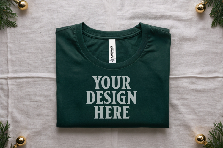 Christmas Bella Canvas 3001 Forest Green Folded Tshirt Mocku