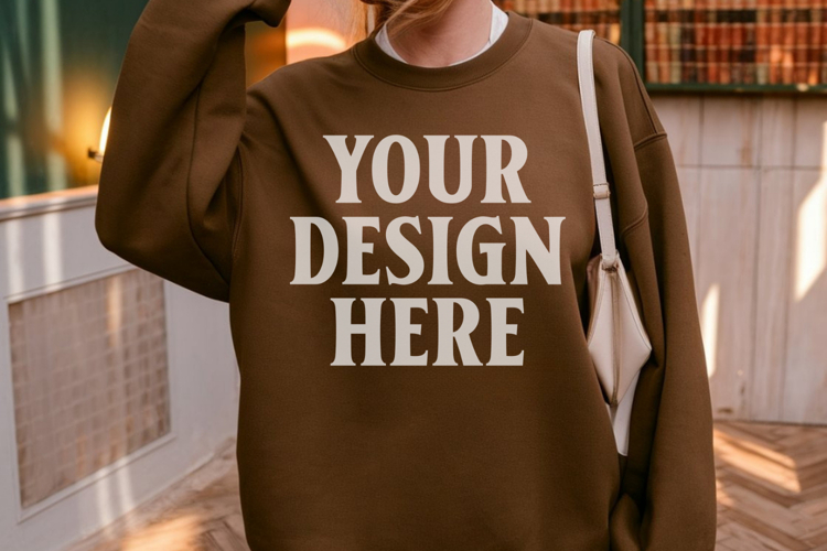 Gildan 18000 Dark Chocolate Mockup , Crewneck Sweatshirt Boh