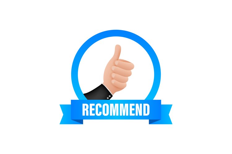 Recommend icon. White label recommended on blue background. example image 1