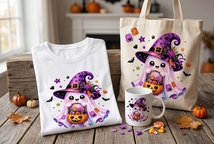 Purple Ghost Witch PNG, Cute Halloween Ghost Sublimation Cli