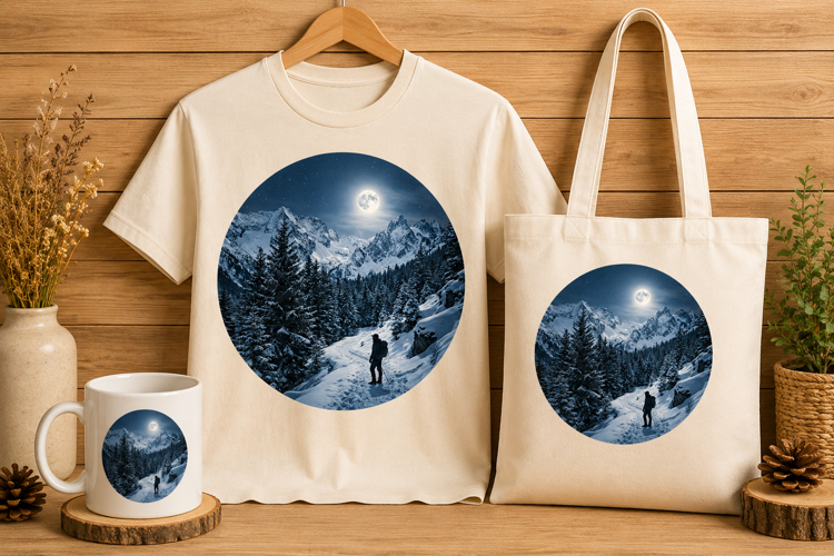 Hiker Under Full Moon Winter Alpine Landscape Art Print