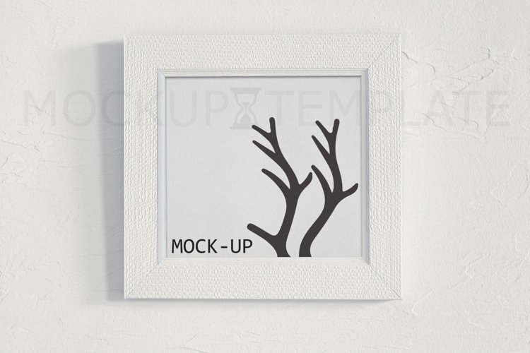 Classic square white wood frame mock-up on a white wall example image 1