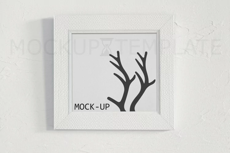 Classic square white wood frame mock-up on a white wall