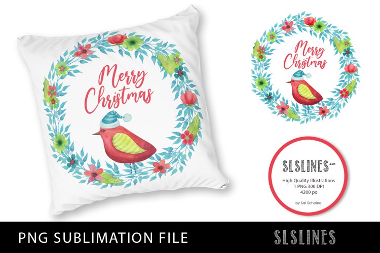 Merry Christmas Bird Wreath PNG sublimation example image 1