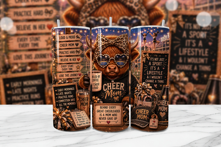 Cheer Mom Highland Cow Tumbler Wrap PNG