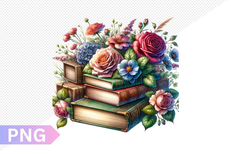 Vintages Books And Flowers Sublimation - Clipart PNG Design