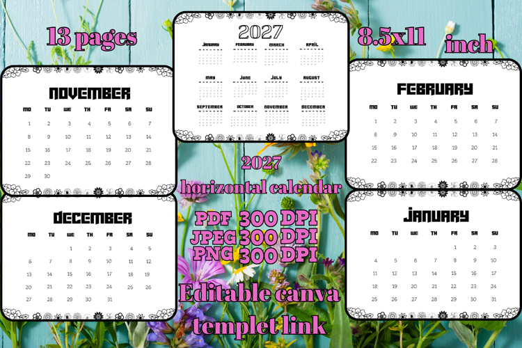 2027 horizontal Calendar with flower frame 2