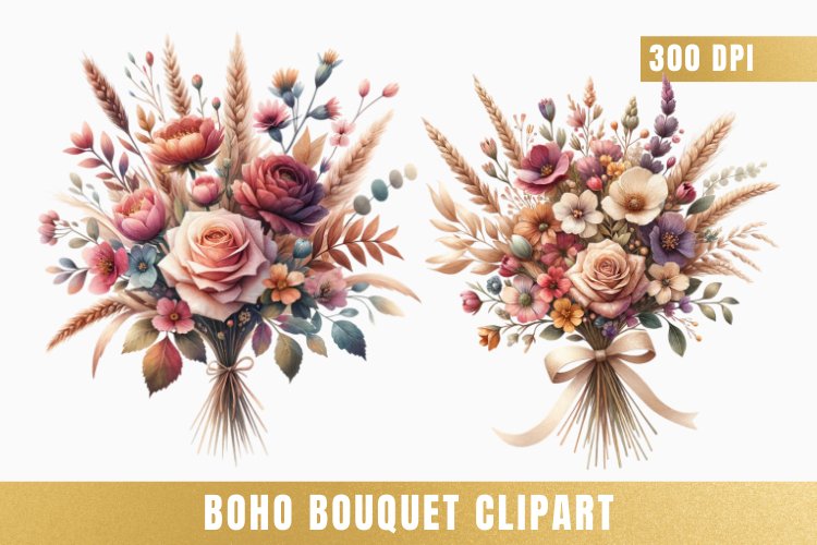 Watercolor boho bouquet clipart, Boho Flowers png