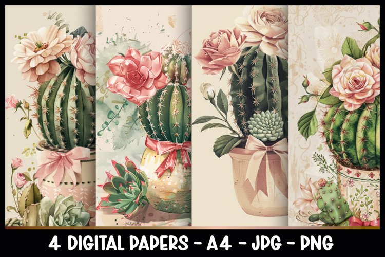 4 Vintage Succulents Digital Papers I Junk Journal Pages example image 1