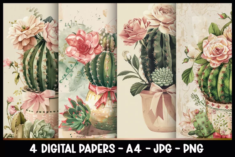 4 Vintage Succulents Digital Papers I Junk Journal Pages
