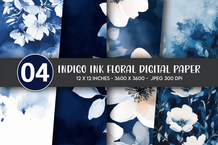 Indigo Ink Floral Digital Paper