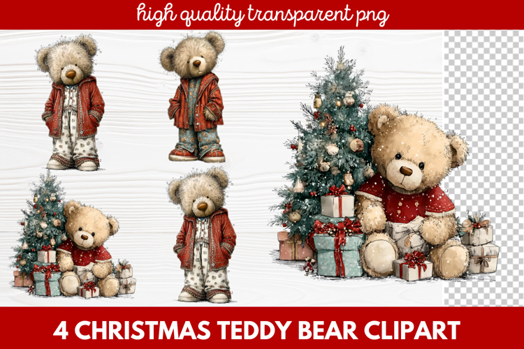 4 Christmas Teddy Bear Clipart | Cute Holiday Bear PNG Illus