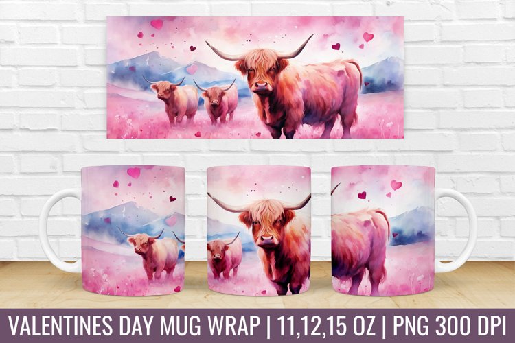 Valentines Day Highland Cow Mug Wrap|Mug Watercolor Design example image 1