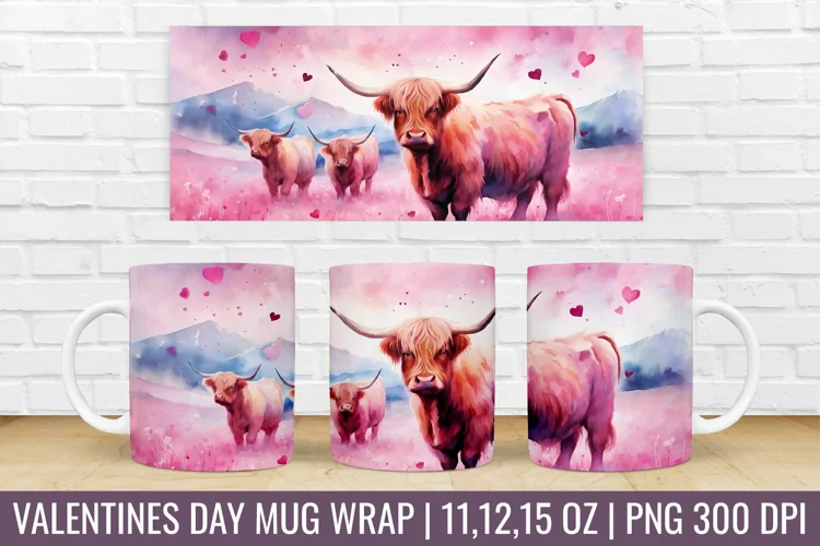 Valentines Day Highland Cow Mug Wrap|Mug Watercolor Design