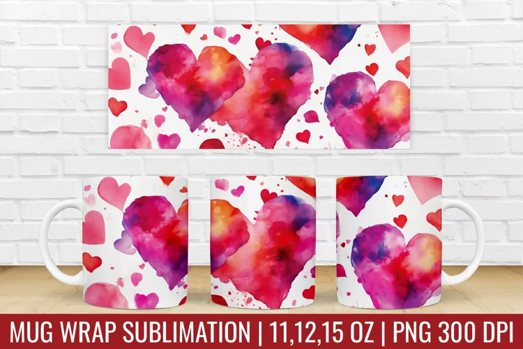 Valentines Day Hearts Mug Wrap|Mug Watercolor Design