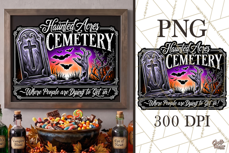 Haunted Acres Cemetery Halloween Sign PNG Graphic
